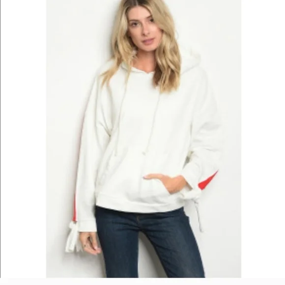 Boutique Hoodie White Red Top Sweatshirt Ties Over sized Stripes 5 ☆ Fav Cotton - Picture 2 of 5